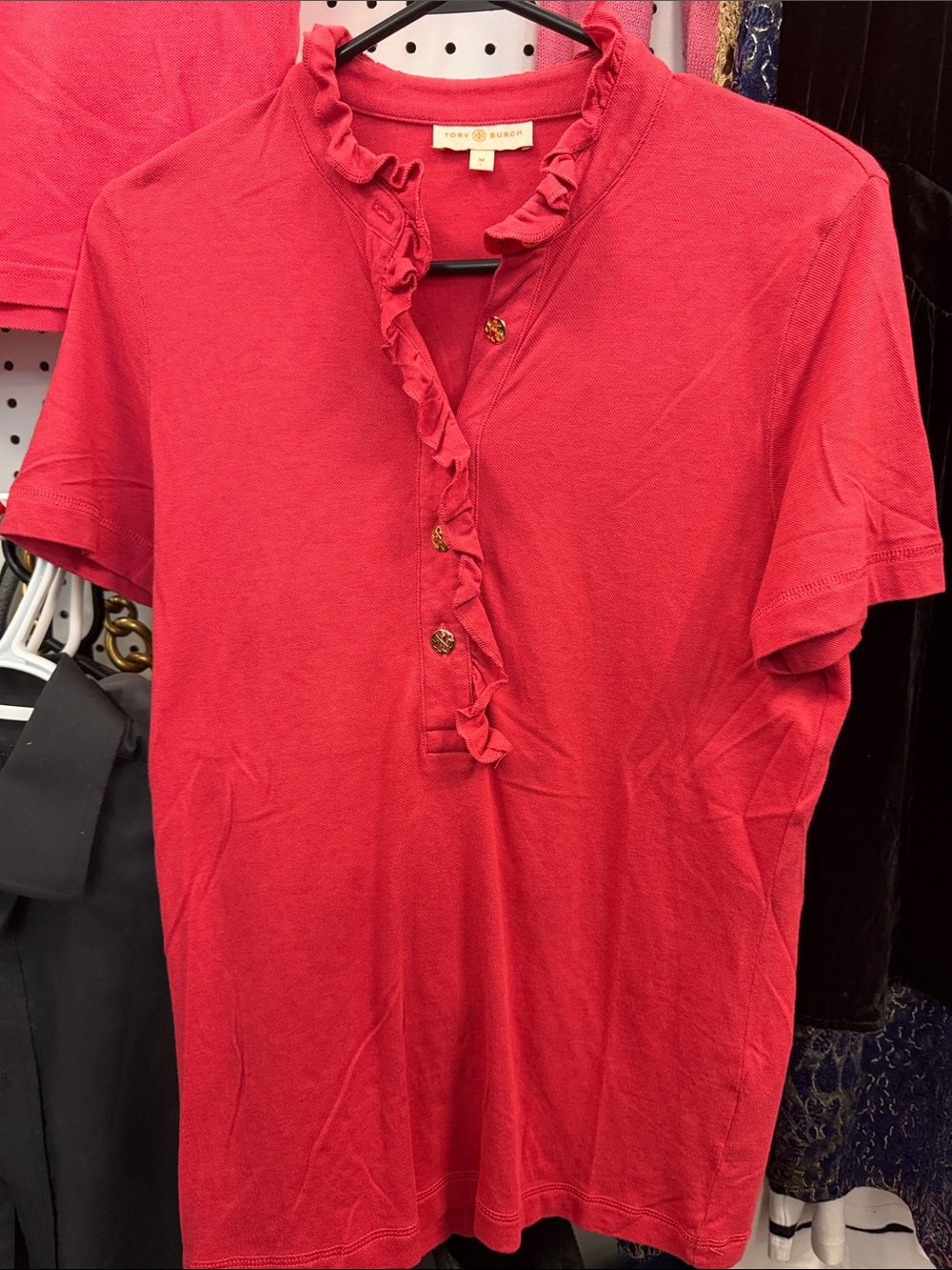 Tory Burch Coral-Red Ruffle Placket Polo with Gold Buttons
